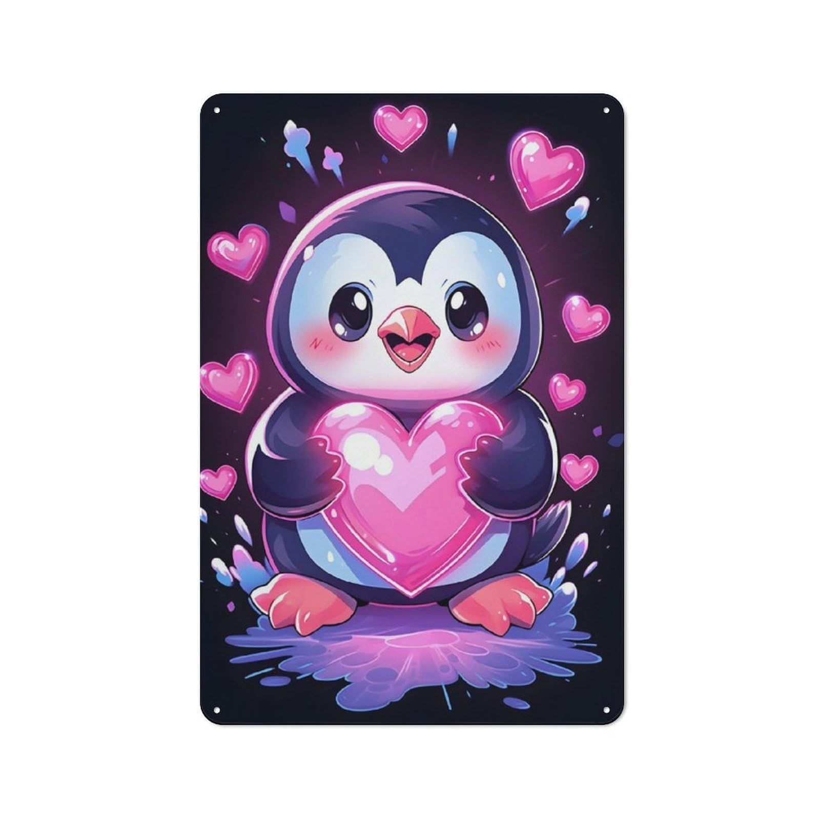 Junmoney Penguin With Hearts Retro-Style Printed Metal Sign 30X20cm For Hallway Wall, Winter Wall Decor For Wall Display Collectors