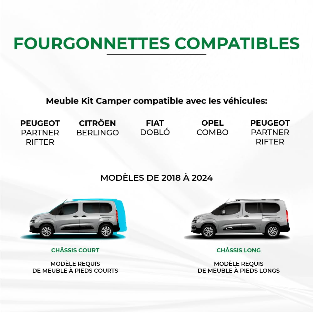 Kit Aménagement Van pour Mini Camper pour fourgonnettes ER Camping-Car K9 Rifter, Partner, Combo, Proace City, Berlingo et Doblò, avec Accessoires et Matelas Inclus (Version Longue)