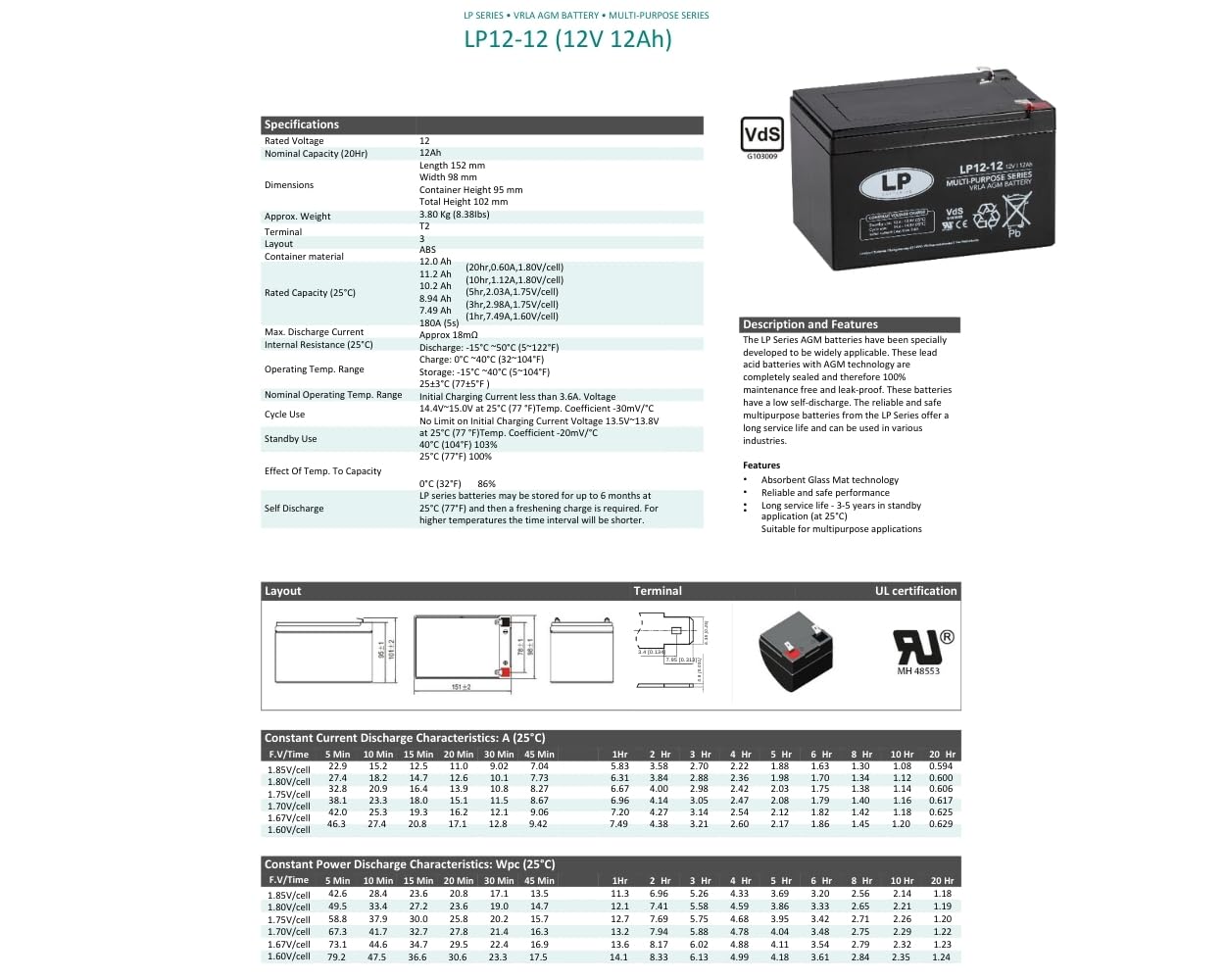 LANDPORT Batterie NSA LP12-12 T2 VDs 152x98x95mm 12V 12Ah kompatibel für Alarmanlage, USV, Blei Gel Akku, Rolladen Antrieb, Dachrollo, Sicherheitssysteme