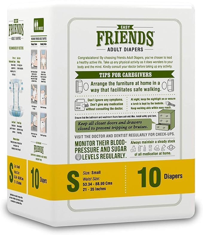 Image of Friends Easy Unisex Adult Diapers Tape Style-10 Count /Pack With Odour Lock And Anti-Bacterial Absorbent Core- Waist Size 96.52-152.40 Inch ; 38.60 Cm Small (Pack-12, 120 Count)