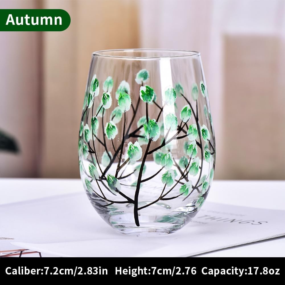4PCS Hand Painted Wine Glass Four Seasons Tree Stem Wine Glasses Colorful Fall Wine Glasses Tree of Life Crystal Goblet Gift for Hostess Birthdays Weddings Housewarming Party (Style C, Stemless) - Image 5