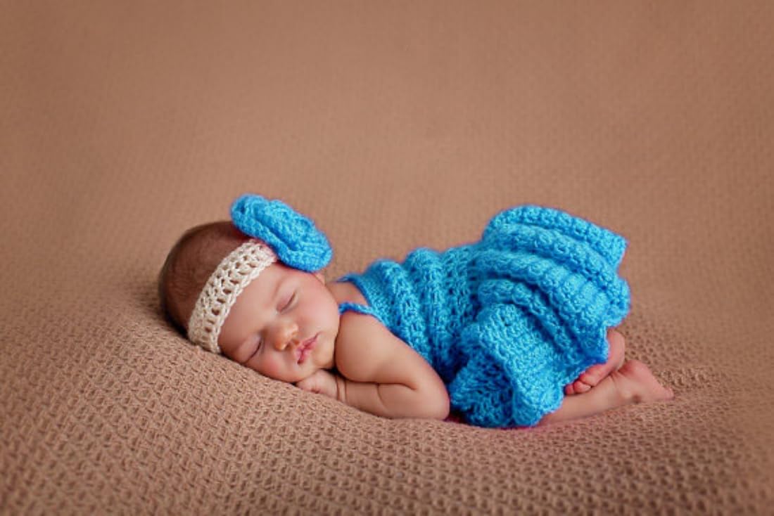 Vomdrok Newborn Baby Girl Photo Shoot Props Outfits Lovely Flower Headband Dress Crochet Knitted Costume Photography Props (Blue)