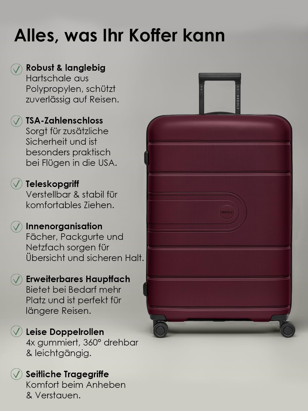 REDOLZ Hartschalen Check-in Koffer | Großer XL Trolley 51 x 32 x 76 cm mit Dehnfalte aus hochwertigem, leichtem Polypropylen | 4 Doppelrollen & TSA (Essentials 11)