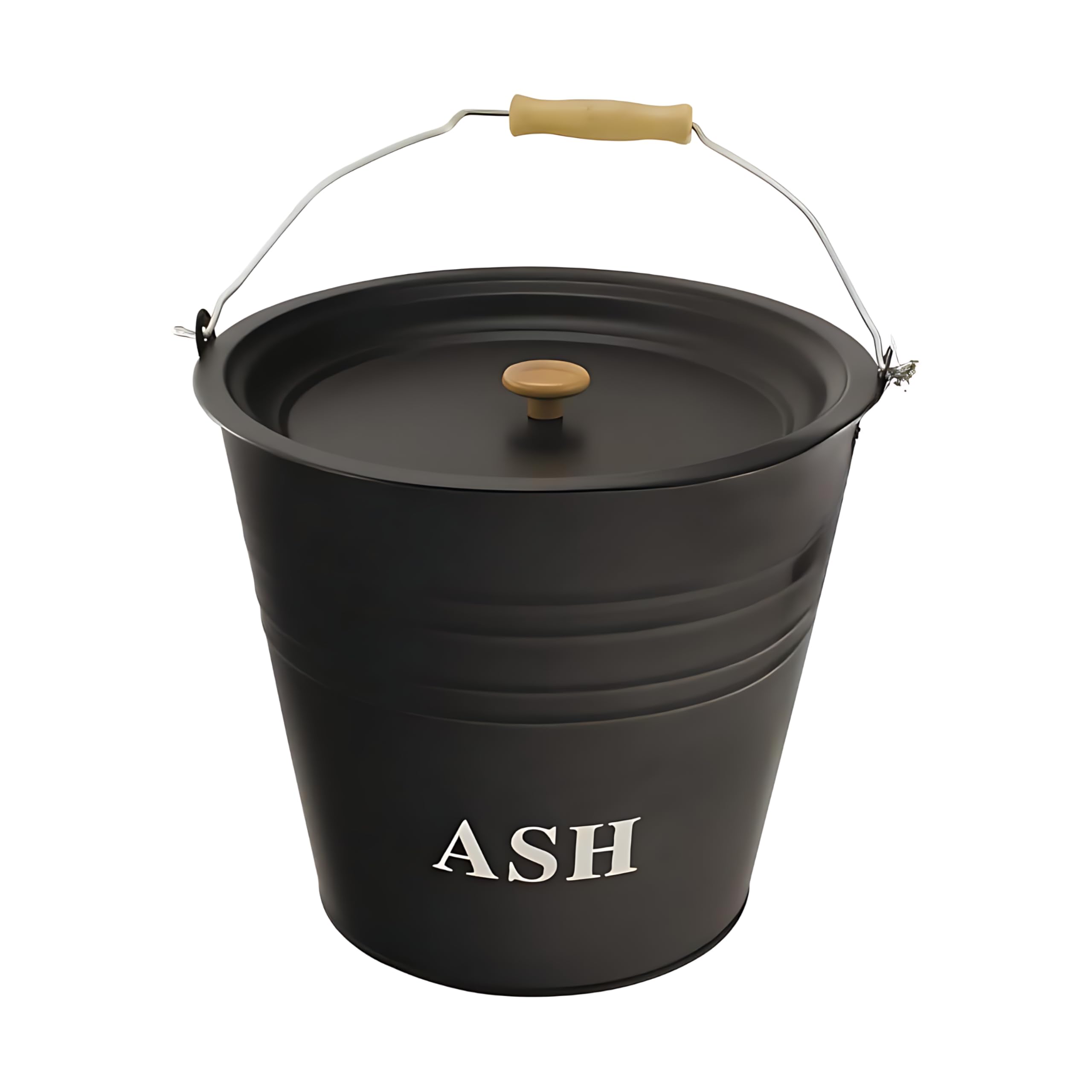 Adeptna Black 12L Vintage Metal Ash Bucket With Lid Wooden Handle Fireplace Container Litre Coal Bin