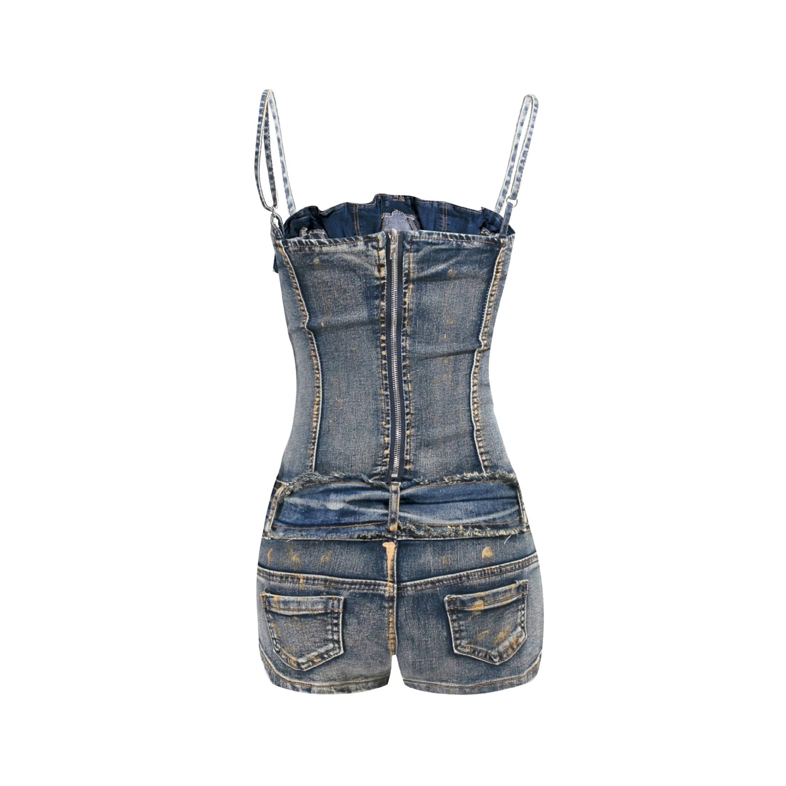 Damskie dżinsowe pajacyki z rękawami Sexy Bodycon Distressed Podarte paski Y2k Krótkie kombinezony dżinsowe