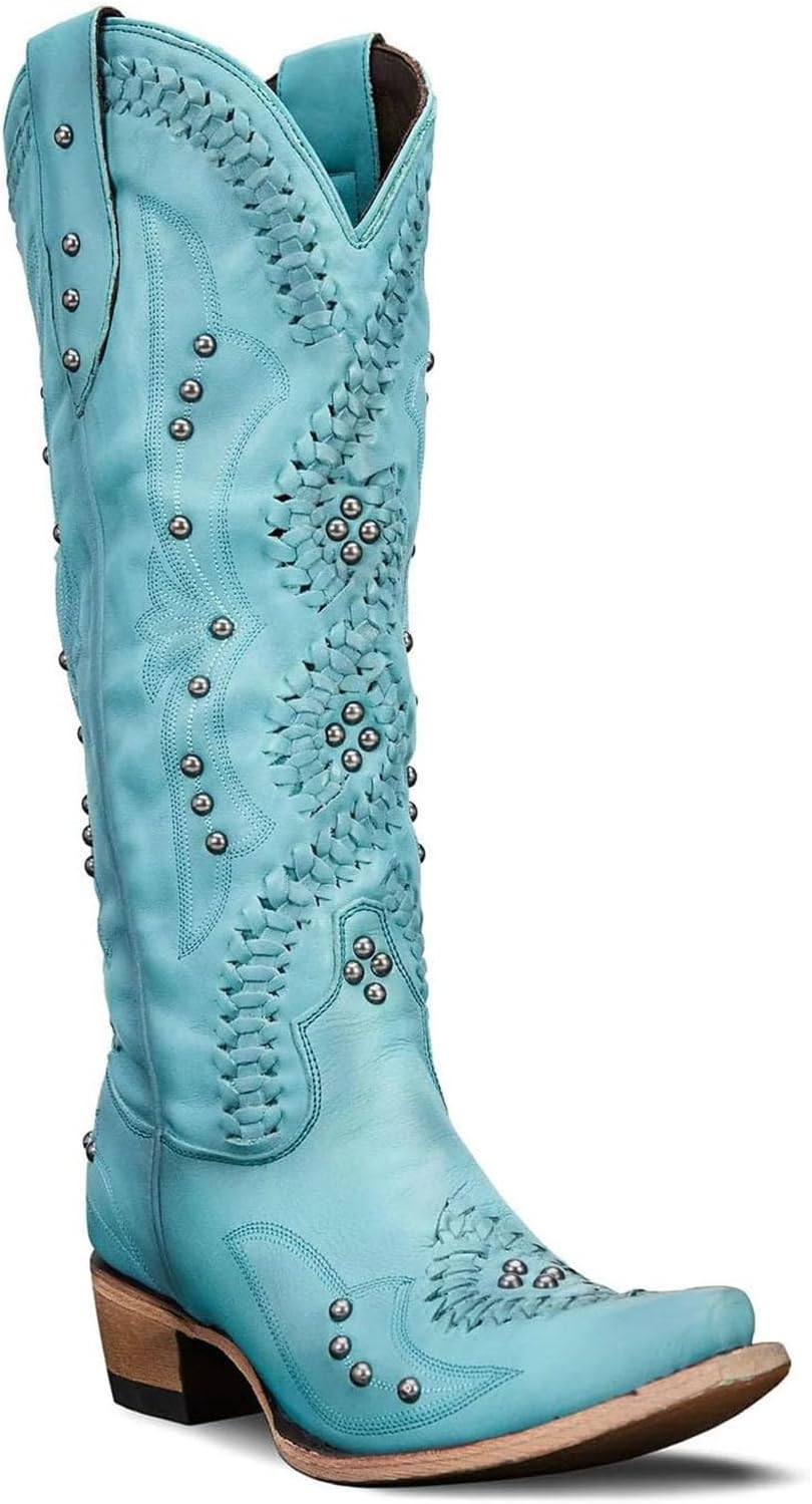 Cowboy Boots for Women Knee High Cowgirl Tall Boots with Pointed Toe Embroidered Side Zipper Back Lace up Chunky Heel Western Boots for Girls Ladies