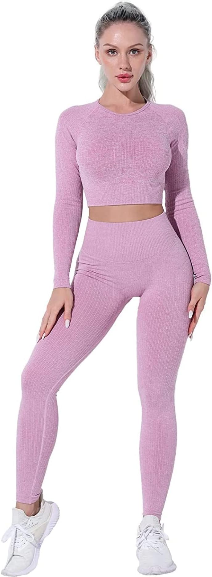 Sweet CathyRibbed Seamless Leggings and Crop Top Long Sleeves 2 Pieces Set High Waist Yoga Pants Workout Activewear Sportswear Tracksuit for Women