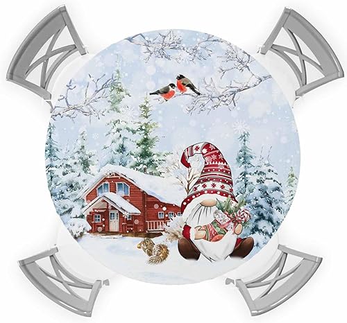 Mantel redondo ajustable de gnomos de Navidad, para invierno, Navidad, bosque de pájaros y granero rojo nevado, impermeable, para interiores y