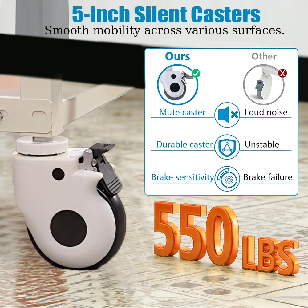Cama de Hospital Eléctrica Premium para Uso Doméstico, 10 Funciones con Inclinación Lateral, Ruedas Giratorias Bloqueables de 5", Capacidad de 250 kg, Incluye Portasueros y Mesa para Alimentación