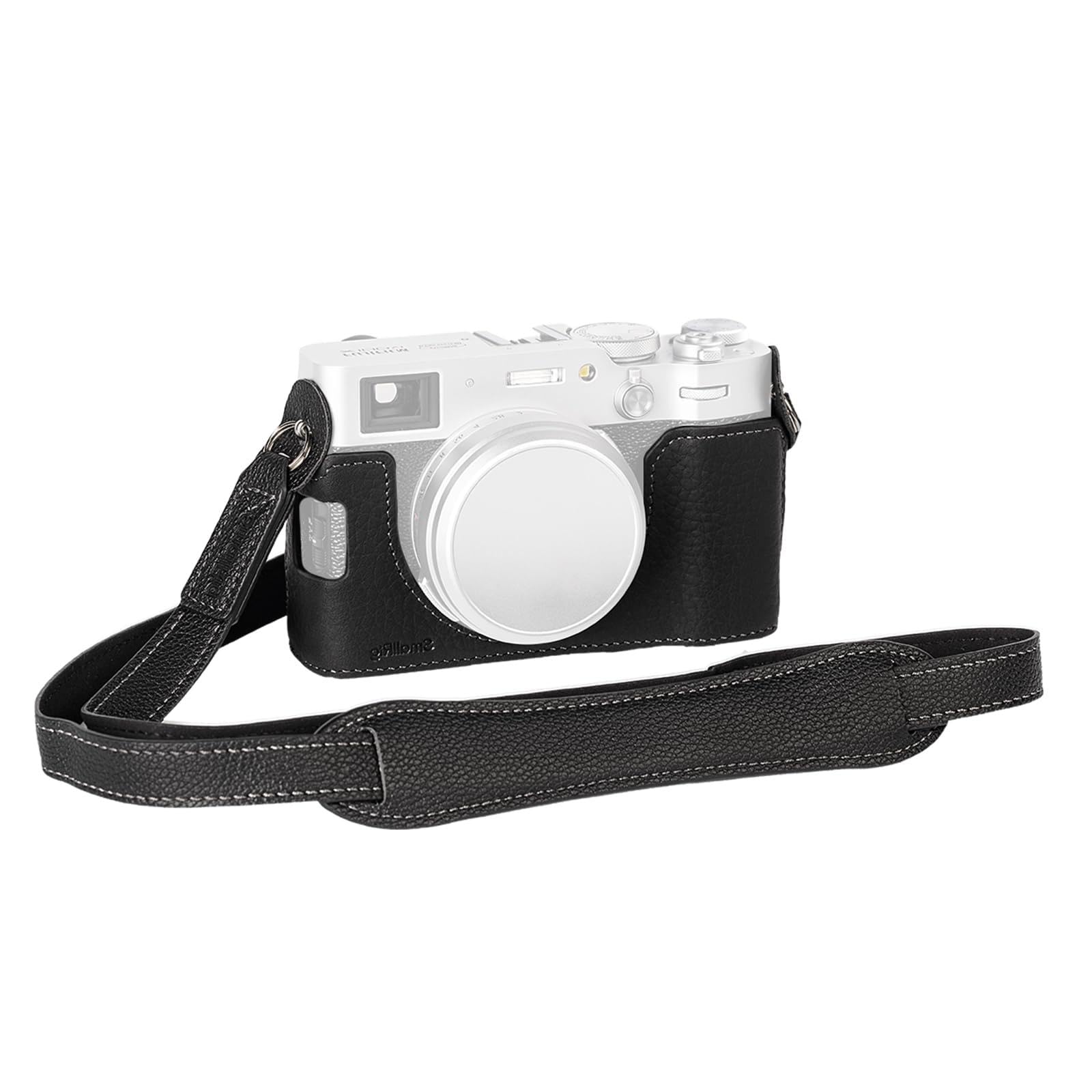 Half Leather Camera Case for Fujifilm X100VI, Camera Bag, Aluminum Alloy Frame, Retro Style, Includes Strap, Black, Drop-proof, Durable, Portable