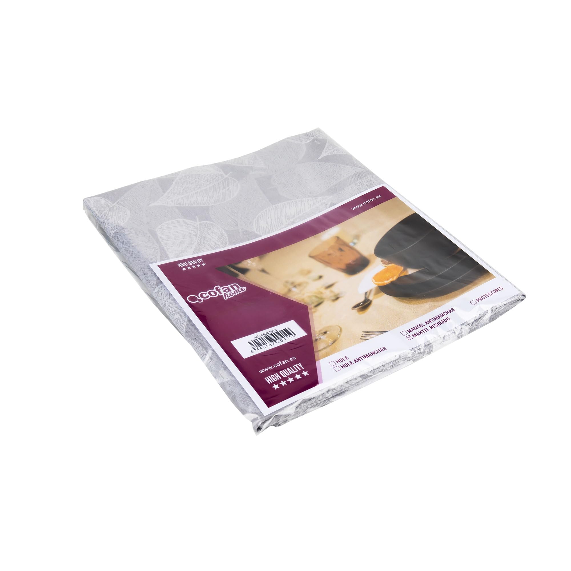 Cofan Mantel resinado Antimanchas | Diseño Moderno con Hojas | Color: Gris y Blanco | Materiales: algodón y poliéster | Cinco Medidas Diferentes (1, 1,40 x 3 m)
