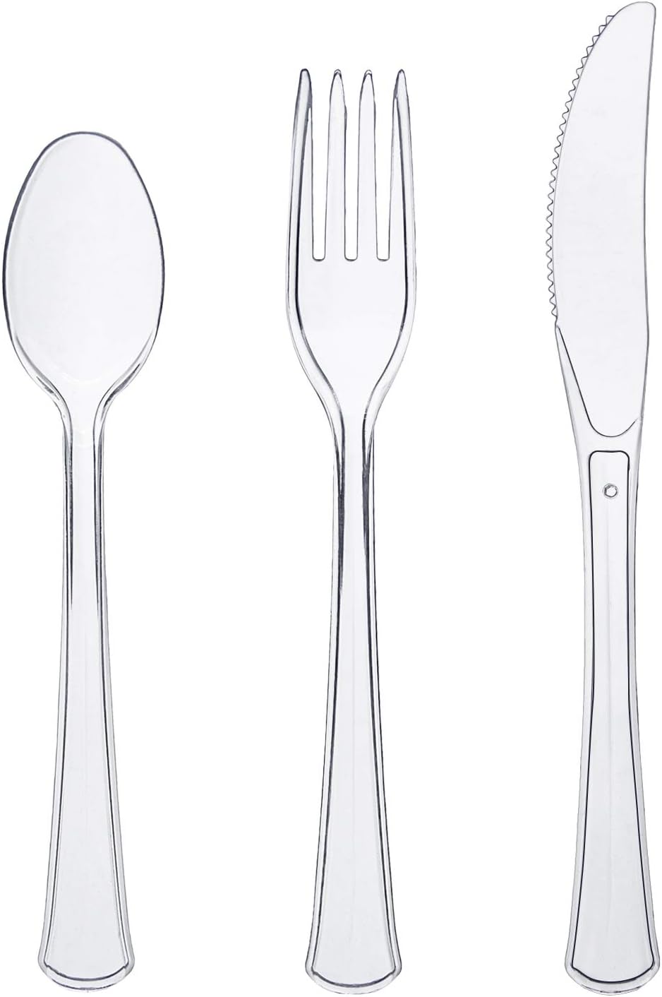Party Essentials Extra Heavy Duty Hard Plastic Cutlery Combo Pack and Full Size Knives/Forks/Spoons, Clear, 8 Place Setting-Count