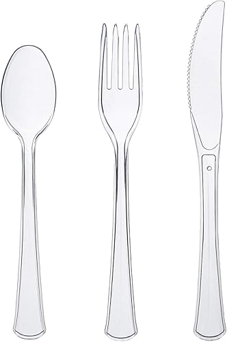 Party Essentials Paquete combinado de cubiertos de plástico duro extra resistente y cuchillostenedorescucharas de tamaño completo, transparente, 8