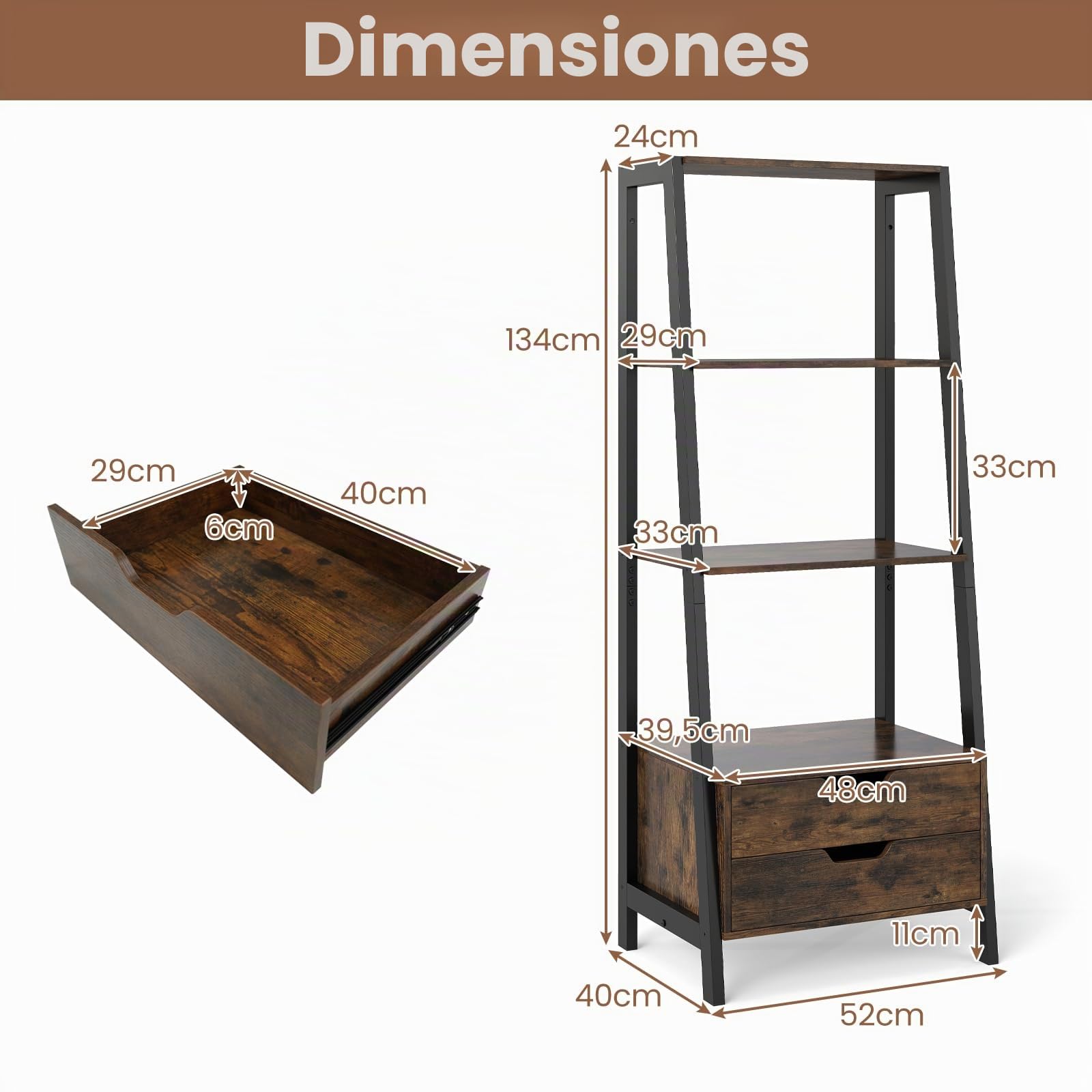 HOMASIS Librería Escalera de Madera con Patas, Estantería Mural con 2 Cajones, Mueble de Almacenamiento con Estantes Escalonados para Dormitorio, Salón, Despacho, 52 x 40 x 134 cm (Marrón)