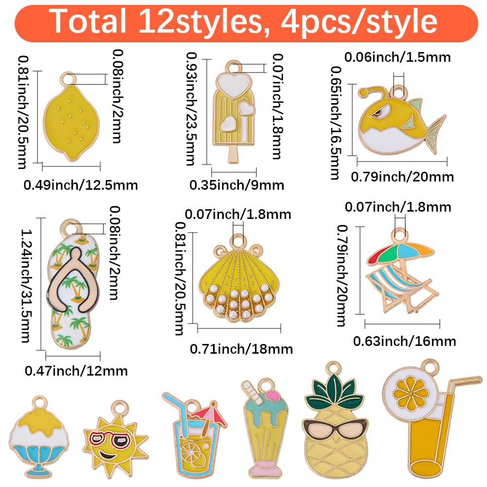 SUNNYCLUE 48 pz 12 stili Ananas Ciondoli Bracciale A Tema Hawaiano Ciondoli Spiaggia Estiva Gialla Bevanda Pesce Gelato Pendenti Piccoli Estetici In Lega per Creazione di Gioielli Braccialett