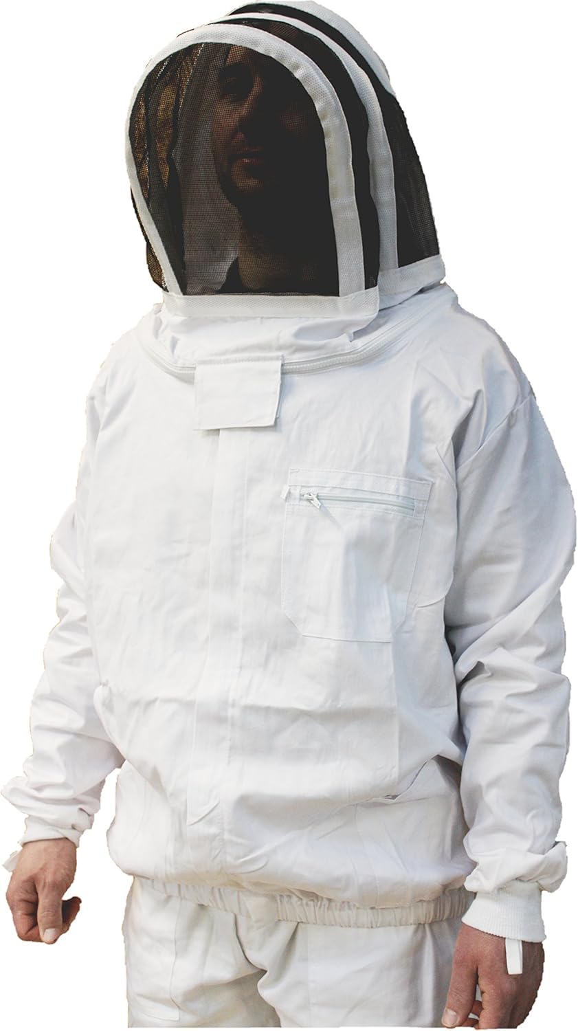 Qualitäts Imkeranzug, echte Baumwolle: Funktionelle Imkerjacke mit YKK-Reißverschluss, mit spezieller, selbstragender Haube in kompakter, stabiler Ausführung. Astronautenkapuze