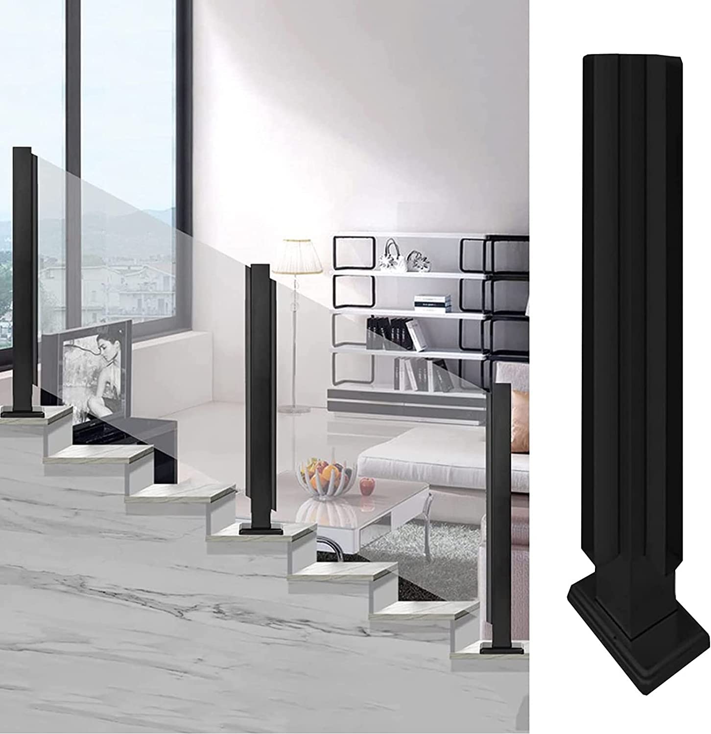 Poteau de garde-corps en verre noir carré d'angle de 80cm pour rampe