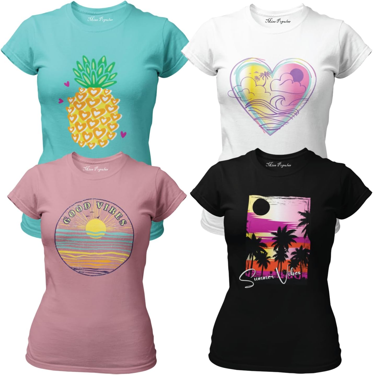 MISS POPULAR Girls 4-Pack Super Soft Short Sleeve T-Shirts Rainbow Butterfly Glitter Print Cute Design| Sizes 7-16