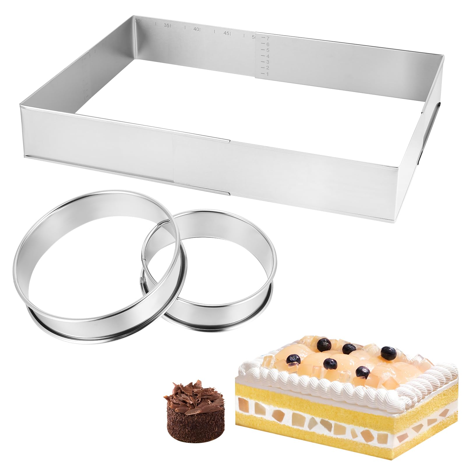 PZJFH Adjustable Cake Baking Mold, 3PCS Adjustable Cake Tins Rectangular Shape and Circle Mousse Cake Mould, for DIY Mousse Cake Dessert Pizza（1x Rectangular;2X shapecircle）