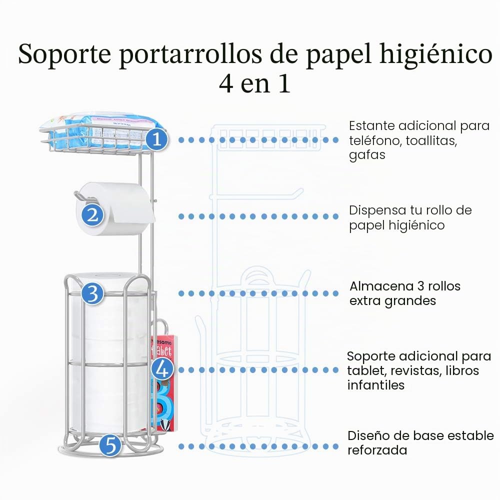 TreeLen Portarrollos de Papel higiénico Independiente con Estante Adicional, Color Plateado (Paquete de 2)