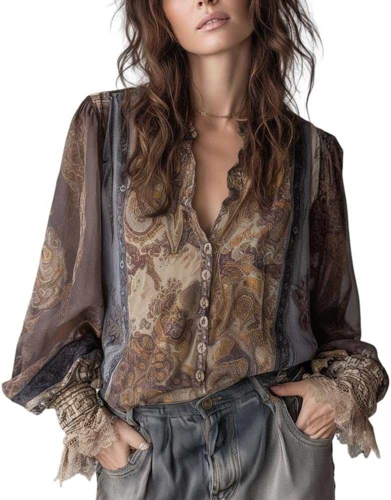 TIAFORD Women's 2026 Spring Summer Velvet Lace Boho Party Blouse Fashion Elegant Long Sleeve Paisley Print Shirt for Women