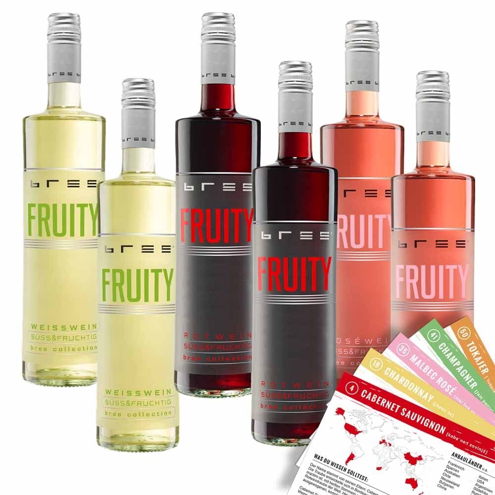 Bree Probierpaket Fruity, süß&fruchtig, gemischtes Weinpaket + VINOX Winecards (6x0,75l)