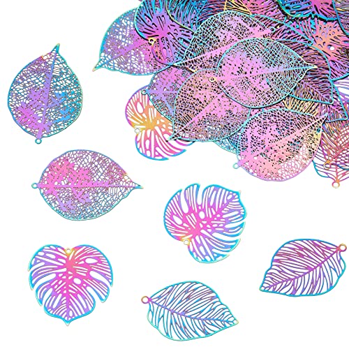DICOSMETIC 42pcs 3 Styles 201 Stainless Steel Filigree Monstera Leaf Pendants Tropical Leaf Pendants Rainbow Color Plant Charms for Jewelery Making,0.3mm thick