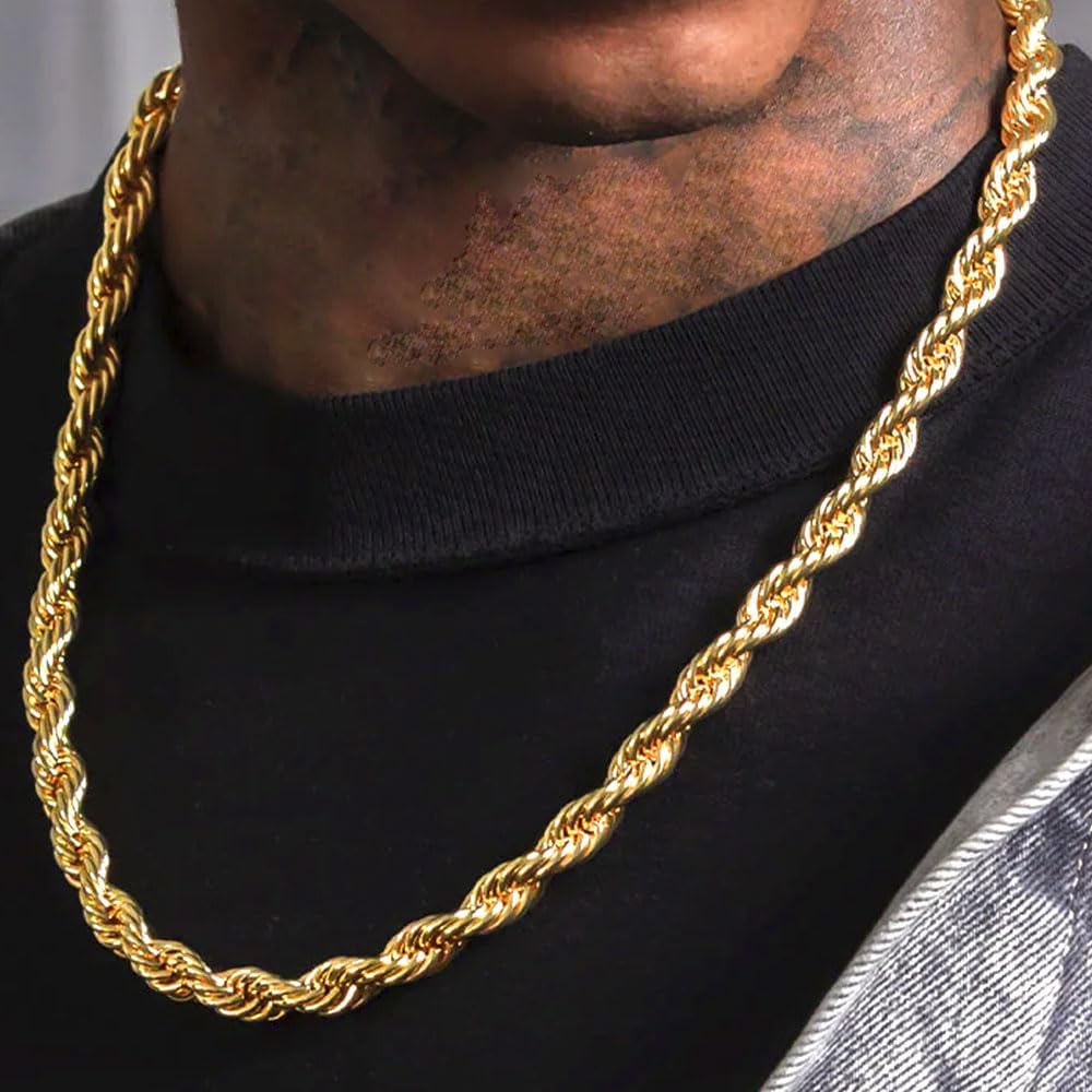 Chunky 10mm Rope Chain 24K Real Gold Plated Rapper Chains Heavy Big Gold Rope Chain Hip Hop Necklace Made from Stainless Steel with 24k Gold Plating Tarnish-resistant for Rap Gangsta Daily Life