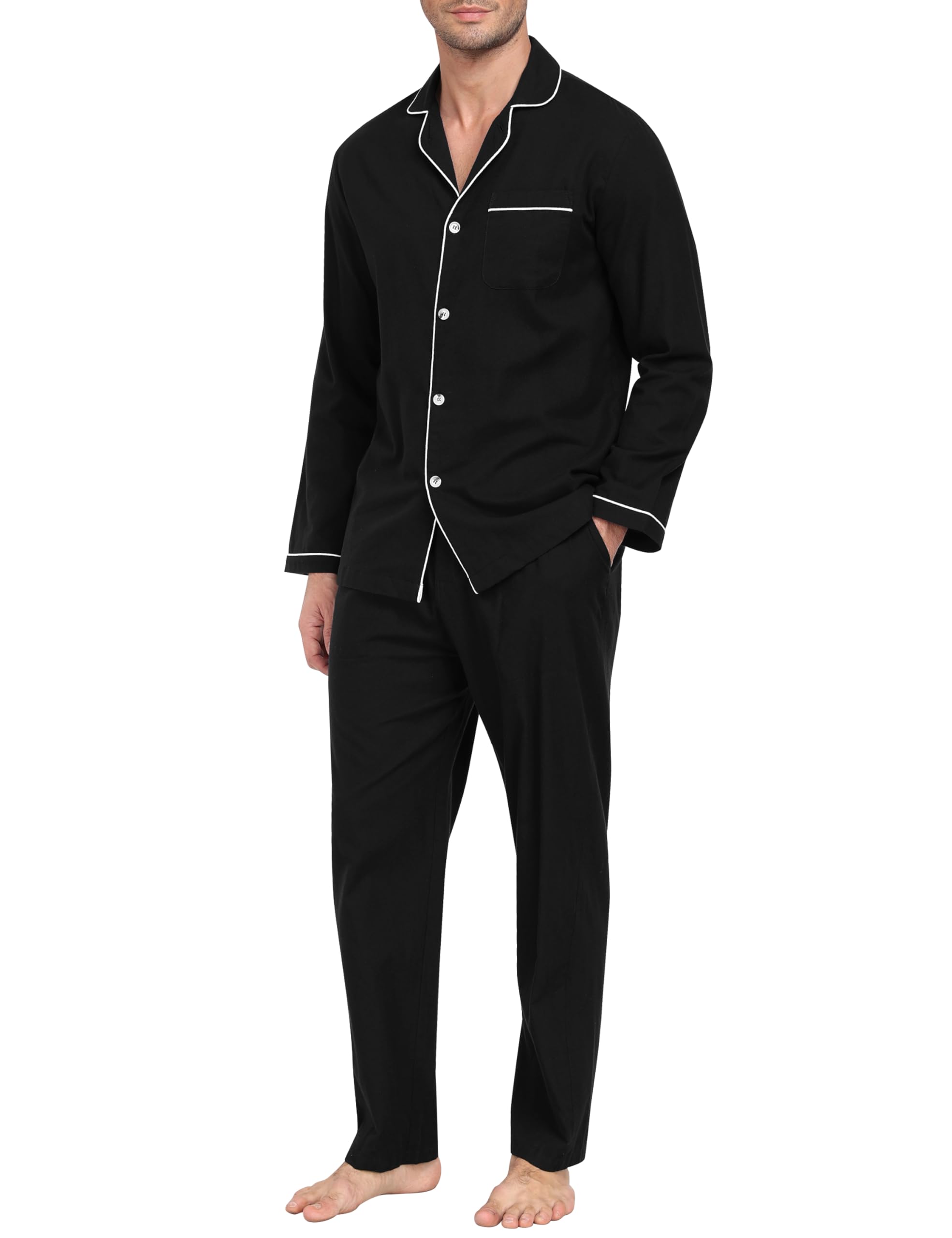 Men's Cotton Pajama Set with Long Sleeve Button Down Top and Pants