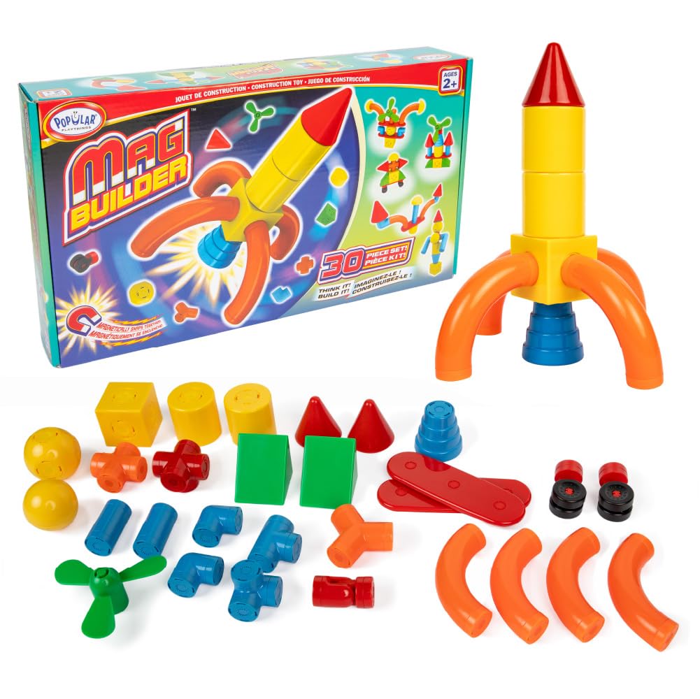 POPULAR PLAYTHINGS Mag Builder Building Set, Magnetic Connecting Toy for Kids Imagination and Creative Play, Crazy Shapes Gift for Children - 30 Piece