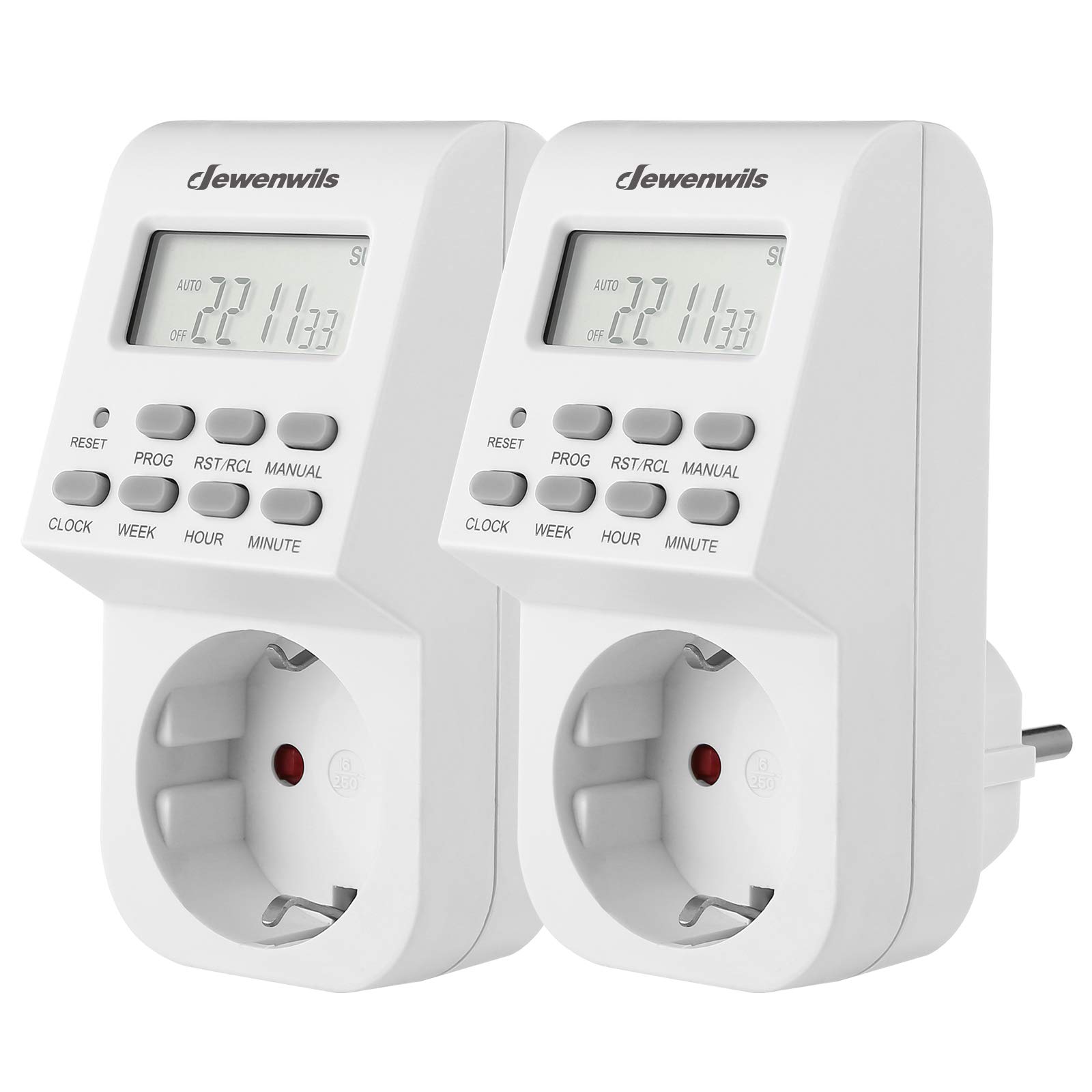 DEWENWILS Temporizador Enchufe Digital, Pack de 2, 16 A / 3680 W | con 20 Programas de Encendido Configurables, Pantalla LCD y Seguridad Infantil, Temporizador Enchufe para Interior