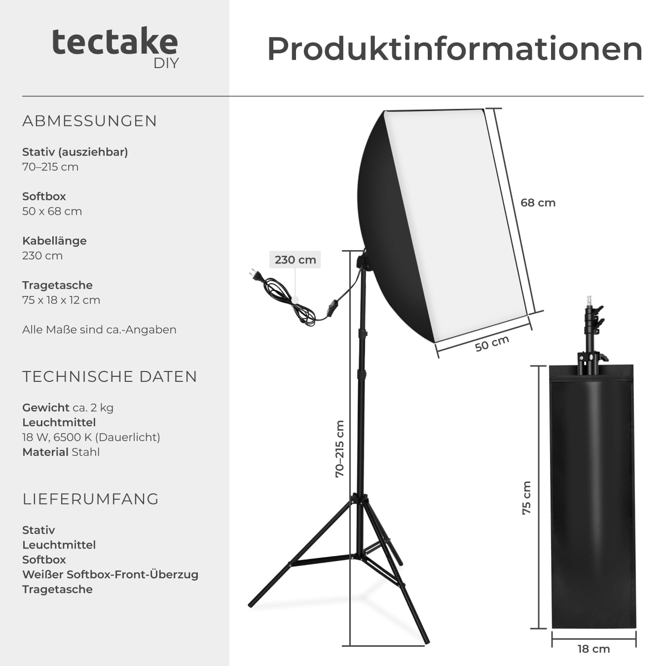 tectake® Profi Fotostudio Set 1x Studioleuchte Kamera Alu Stativ inkl. LED Beleuchtung, Softbox, Tasche, für natürliches Licht, Zubehör für Streaming, Foto, Selfie, Video, Webcam, Indoor und Outdoor