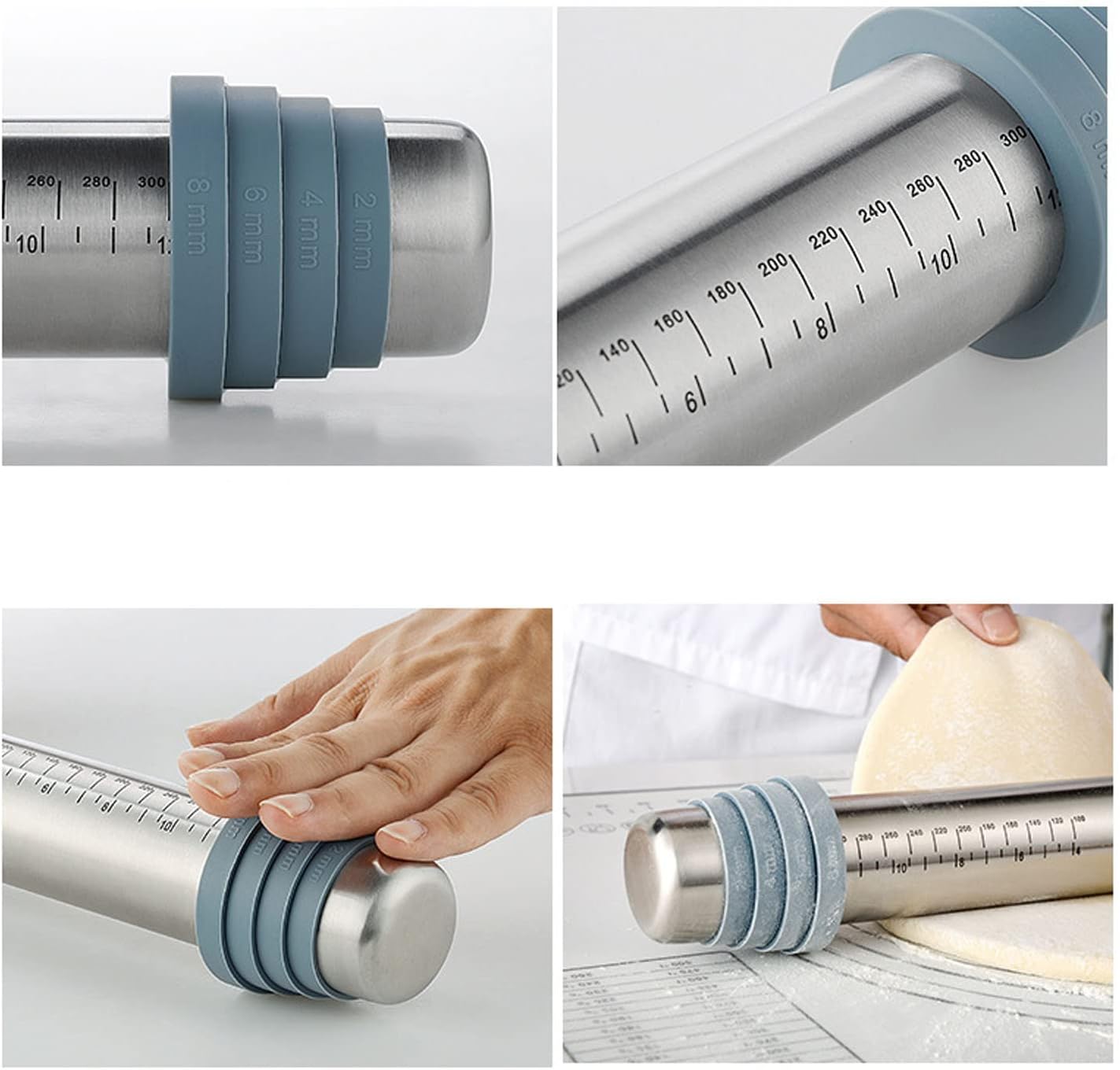 Stainless Steel Flour Rolling Pin with Thickness Rings, Adjustable Rolling Pin with Dough Scraper and Silicone Pastry Baking Mat Set