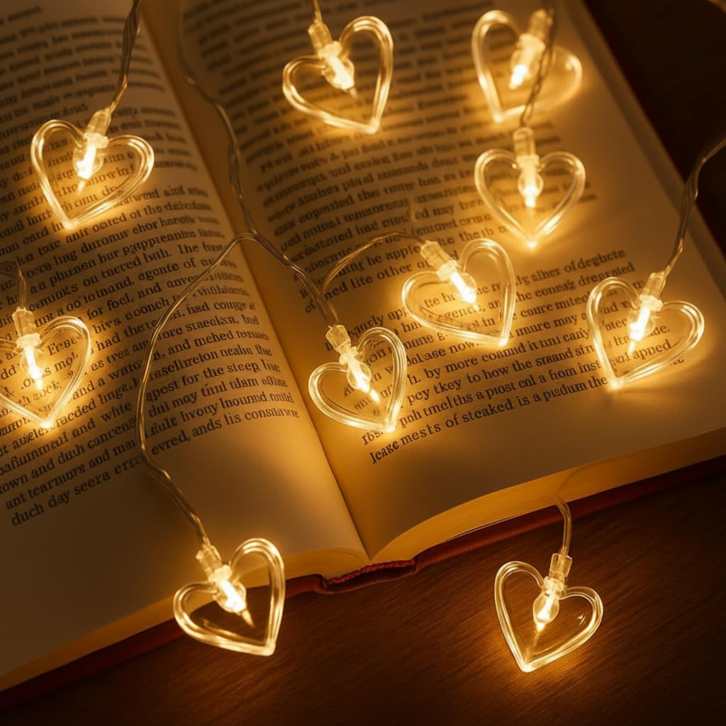 Party Propz Heart Shape Lights for Decoration - 1 Pc, 4m, 8 Led, Heart String Light for Decoration, Room Decorations Light, Decorative Lights for Home (Corded, Warm White Glow)-image-0
