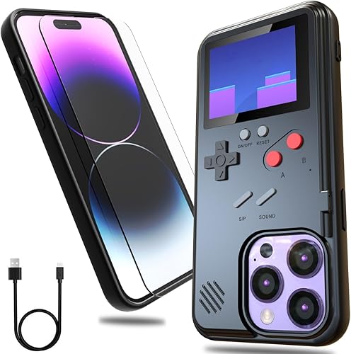 Gameboy - Funda para iPhone 14 Pro Max con protector de pantalla de vidrio templado, pantalla a todo color 36 juegos clásicos retro, funda
