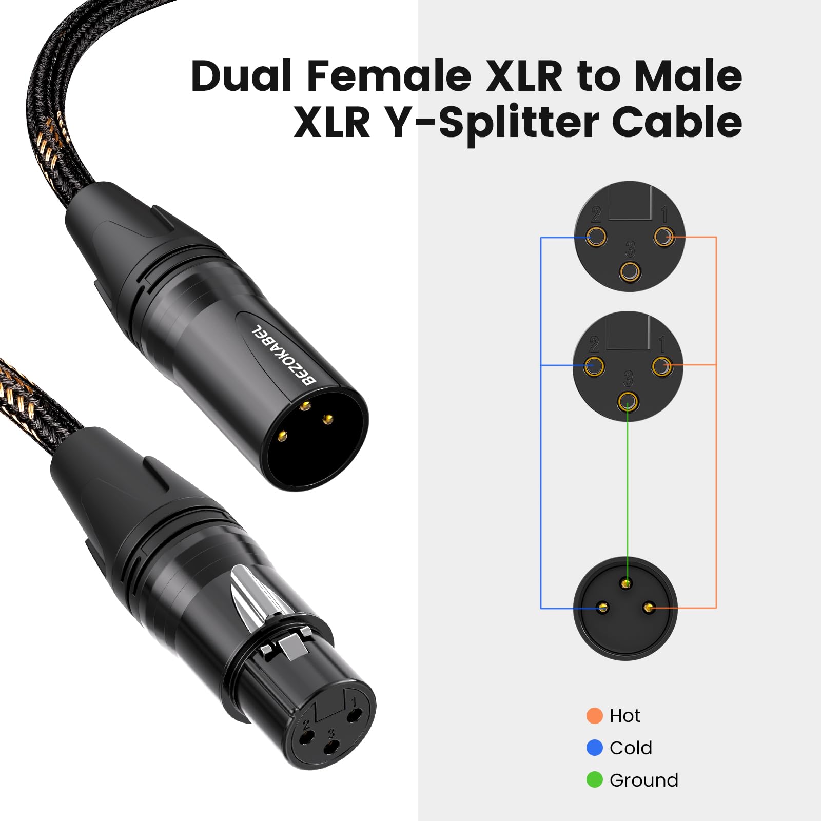 Sdoppiatore XLR, cavo sdoppiatore a Y XLR, 91 cm, confezione da 3, da maschio a 2 femmina, cavo bilanciato per microfono, cavo in nylon intrecciato