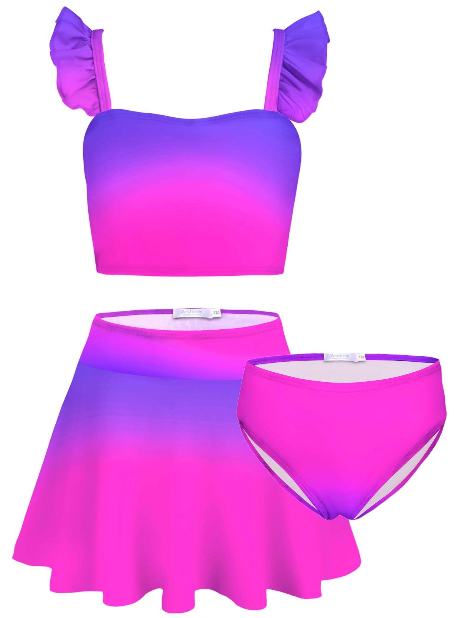Arshiner Mädchen Bikini Set 3pcs Kinder Blumen Meerjungfrau Badeanzug Rüschen Tankini mit Rock Bademode Schwimmanzug 5-12 Jahre
