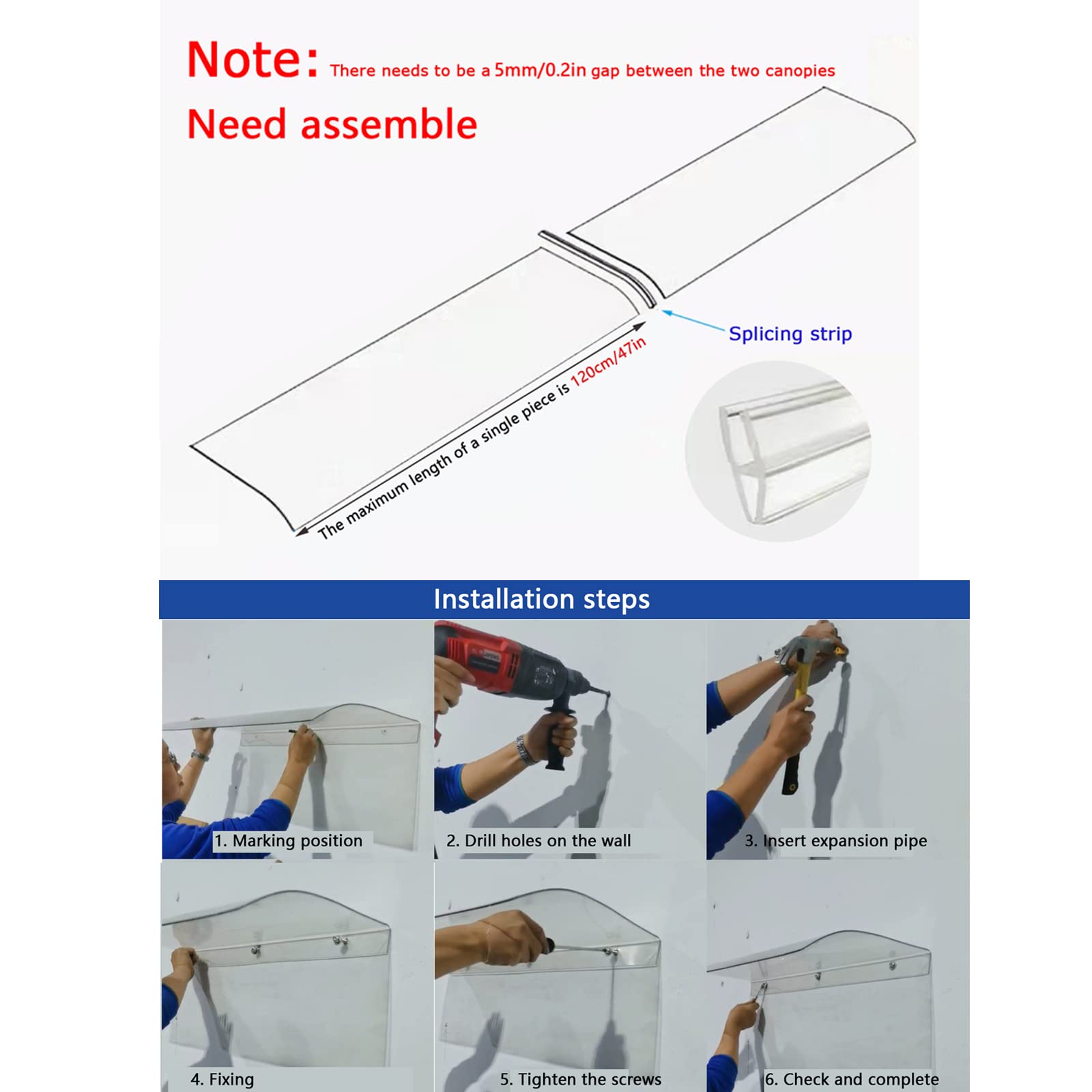 Pensilina Tettoia per Porta e Ingresso,Tenda da Veranda Pensilina in Policarbonato Trasparente ad Arco,Garden Pensilina da Esterno for Finestra,con Accessori,62 Dimensioni (50x160cm/20"x63")