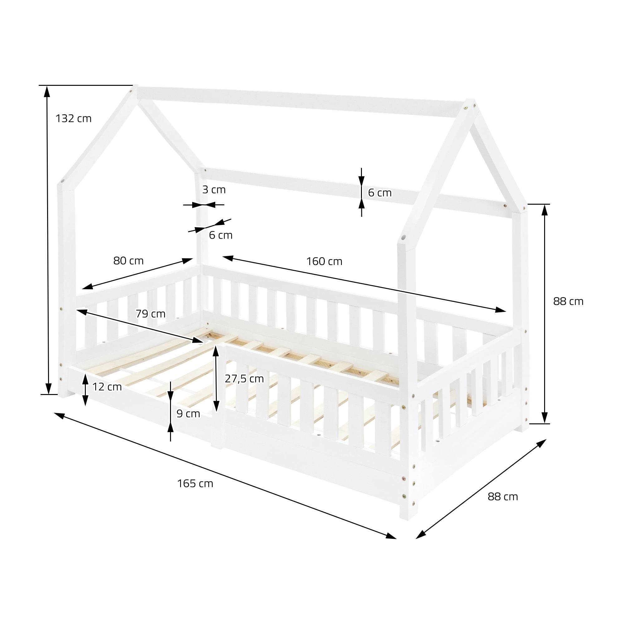 ML-Design Cama Infantil Casa Blanca 80x160 cm de Madera de Pino con Protección Anticaída, Techo y Somier Estructura de Listones, Cuna de Suelo Maciza, Lecho Casita de Juego para Niño y Bebé