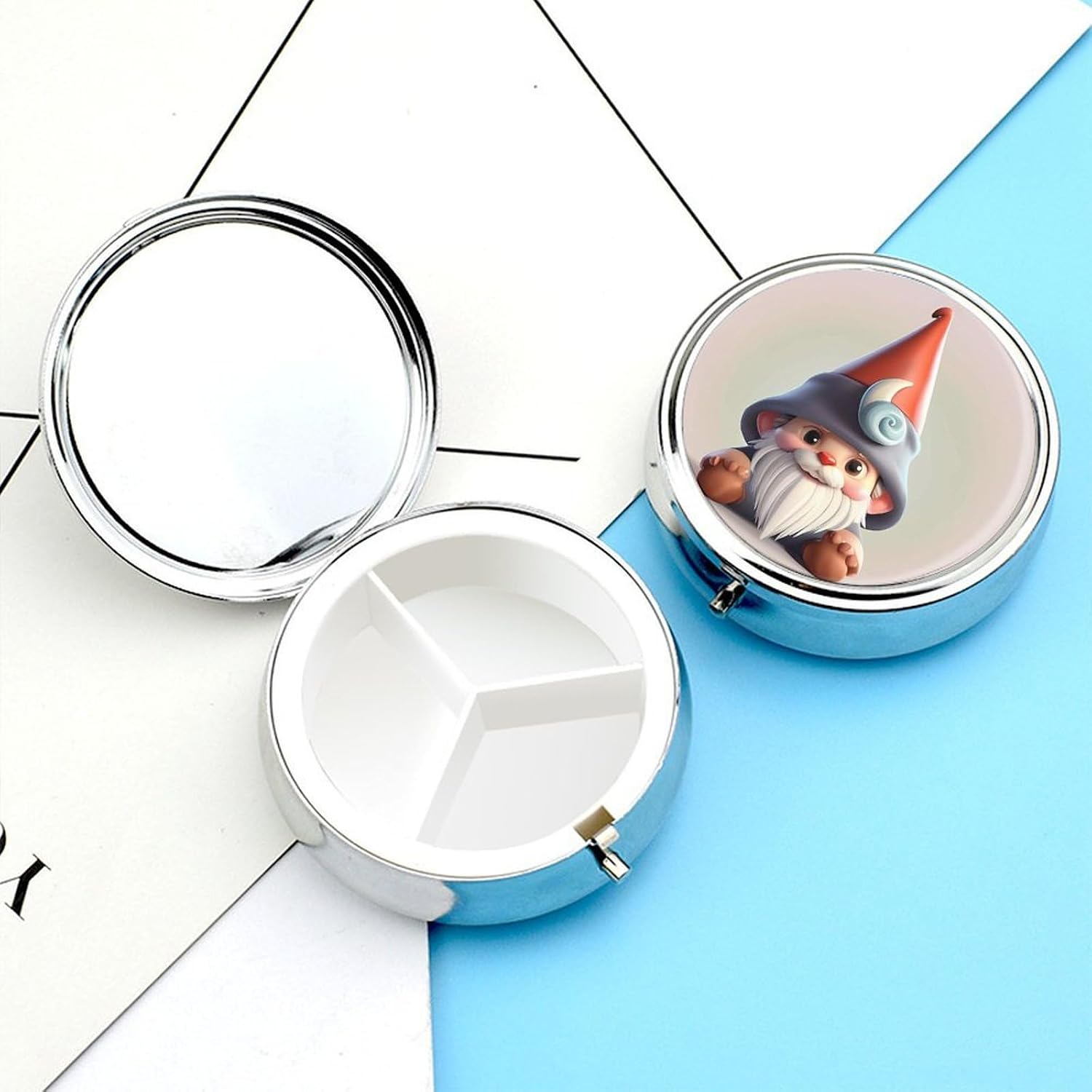 Round Silver Pill Box Small Pill Case for Purse and Pocket 3 Compartment