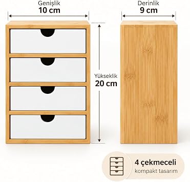 Deinhaus Bambu Çerçeveli 4 Çekmeceli Masaüstü Organizer, Beyaz, Makyaj, Takı, Kırtasiye ve Ofis Düzenleyici