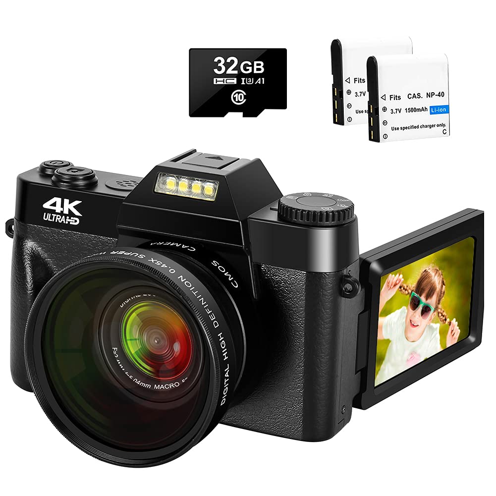 4K Digital Camera 48MP Camera Vlogging Camera with YouTube 30FPS Video Camera Camcorder 16X Digital Zoom Vlog Camera with Flip Screen Camera with 32GB SD Card and 2 Batteries(Fixed Focus)
