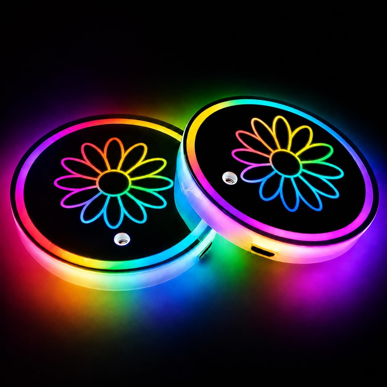 2Pcs Daisy Car LED Cup Holder Lights, 7 Colors Light Up Car Coasters