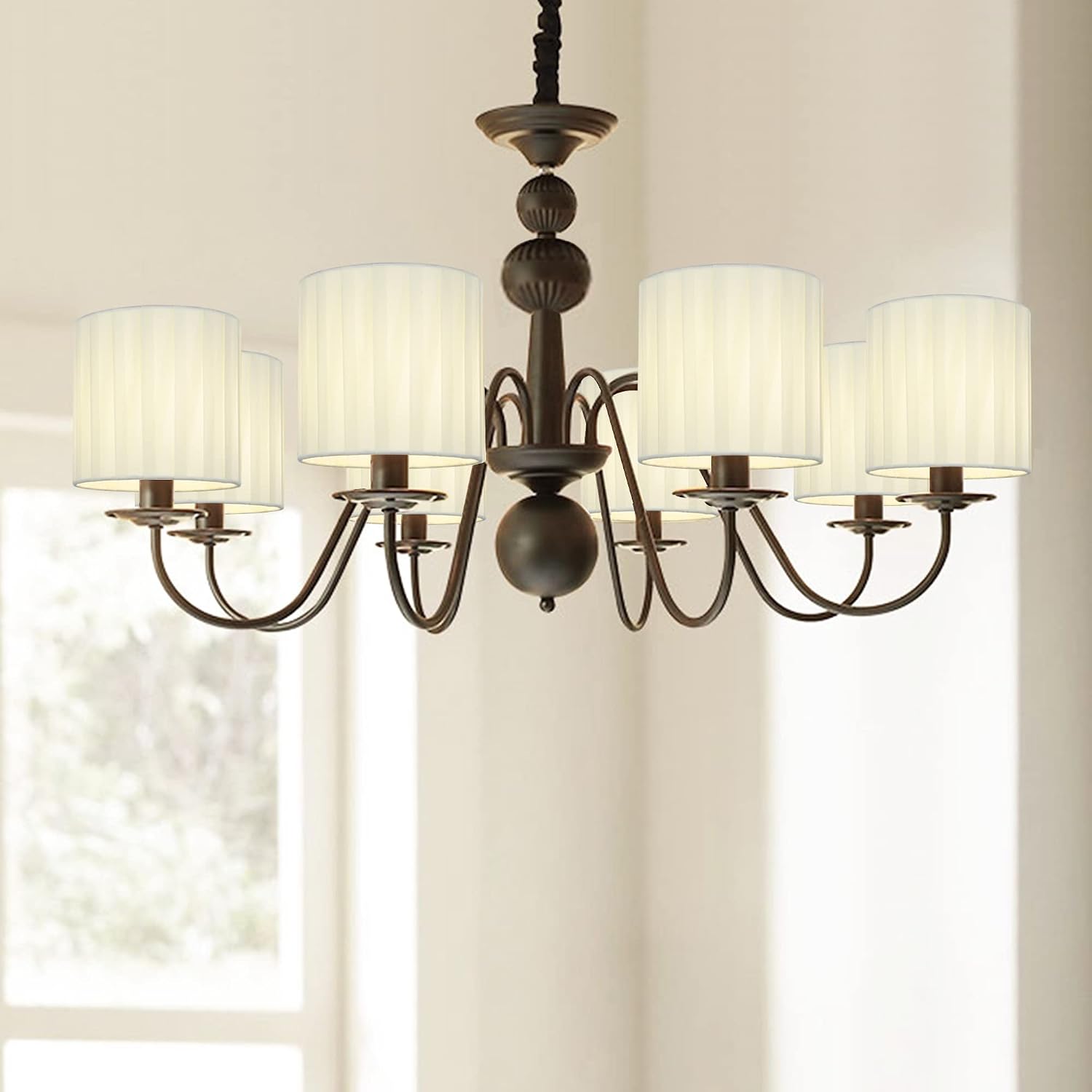 LUCIE Clip-on Chandelier Lamp Shades,Set of 6,Small Drum,5.2"×5.2"×H5.2", Fabric Ribbon,Handmade,Modern Decorative,ONLY FOR CANDLE BULB,Beige