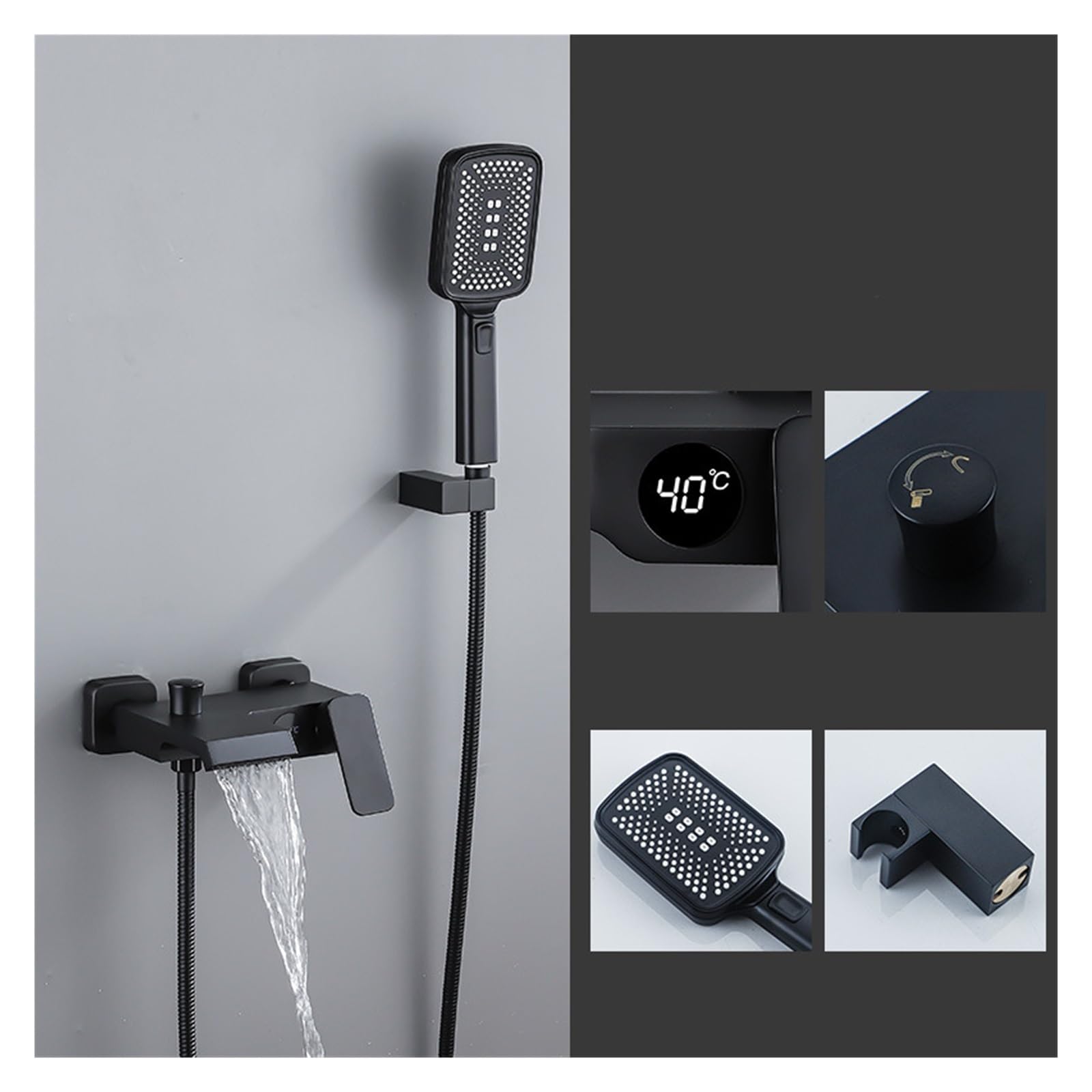 Bathroom Digital Shower Set ，Waterfall Bathtub Mixer Hot and Cold Gun Gray Faucet， Temperature Constant Tap(Hot Cold Black)