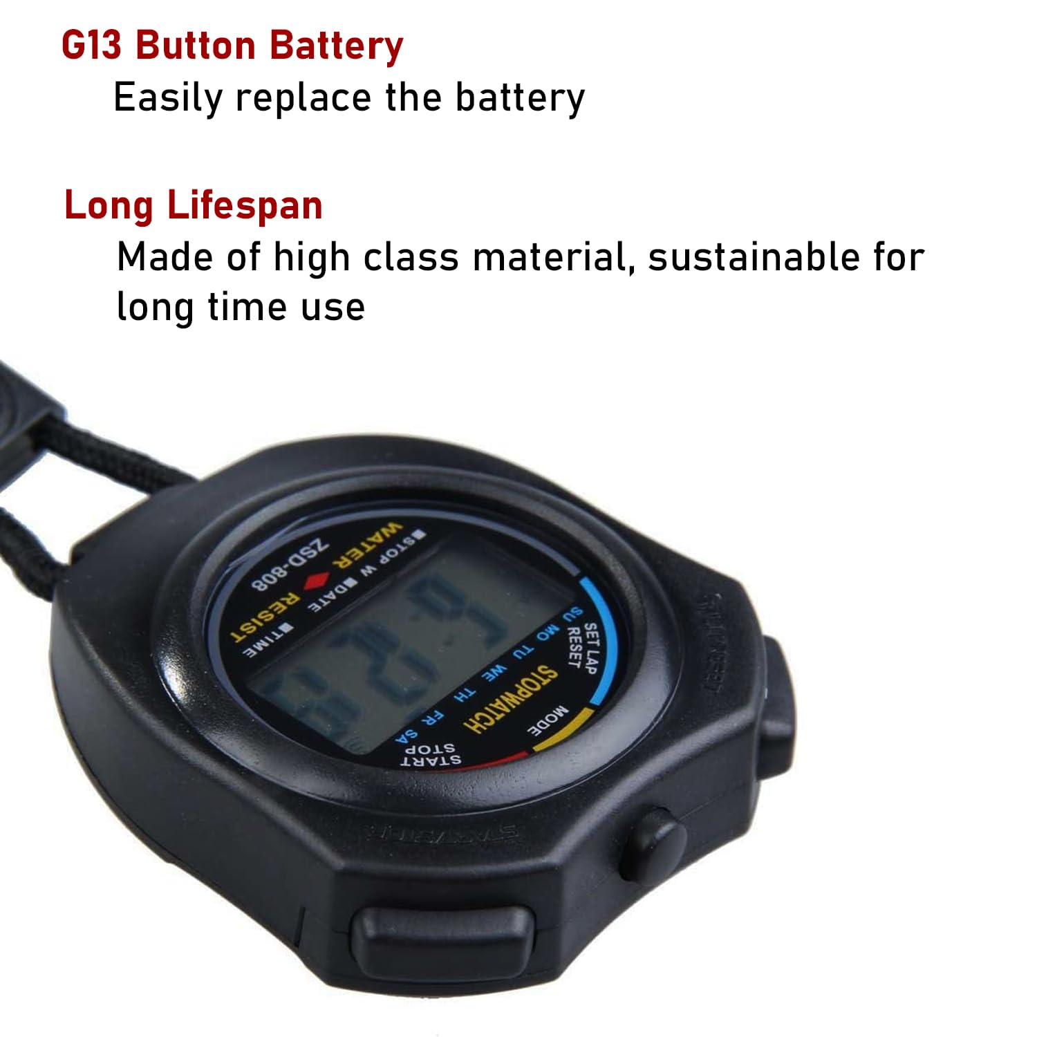 Stopwatch-Digital Water-Proof Stop Watch, Swimming Watch, Multifunctional Sports Stopwatch for Swimming, Running, Basketball, and Football, LCD Display Chronograph with Alarm Clock (Black) - Image 2