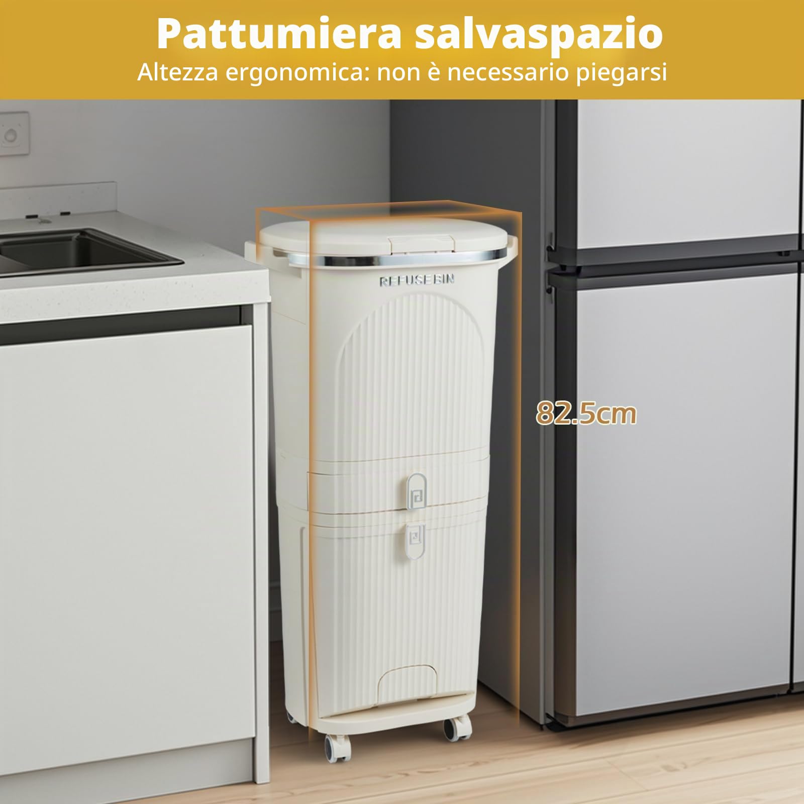 GIANTEX Pattumiera da cucina, 3 scomparti, 42 l, pattumiera con rotelle, pattumiera a pedale con pedale a piedi e maniglia, pattumiera da cucina in plastica, contenitore per rifiuti