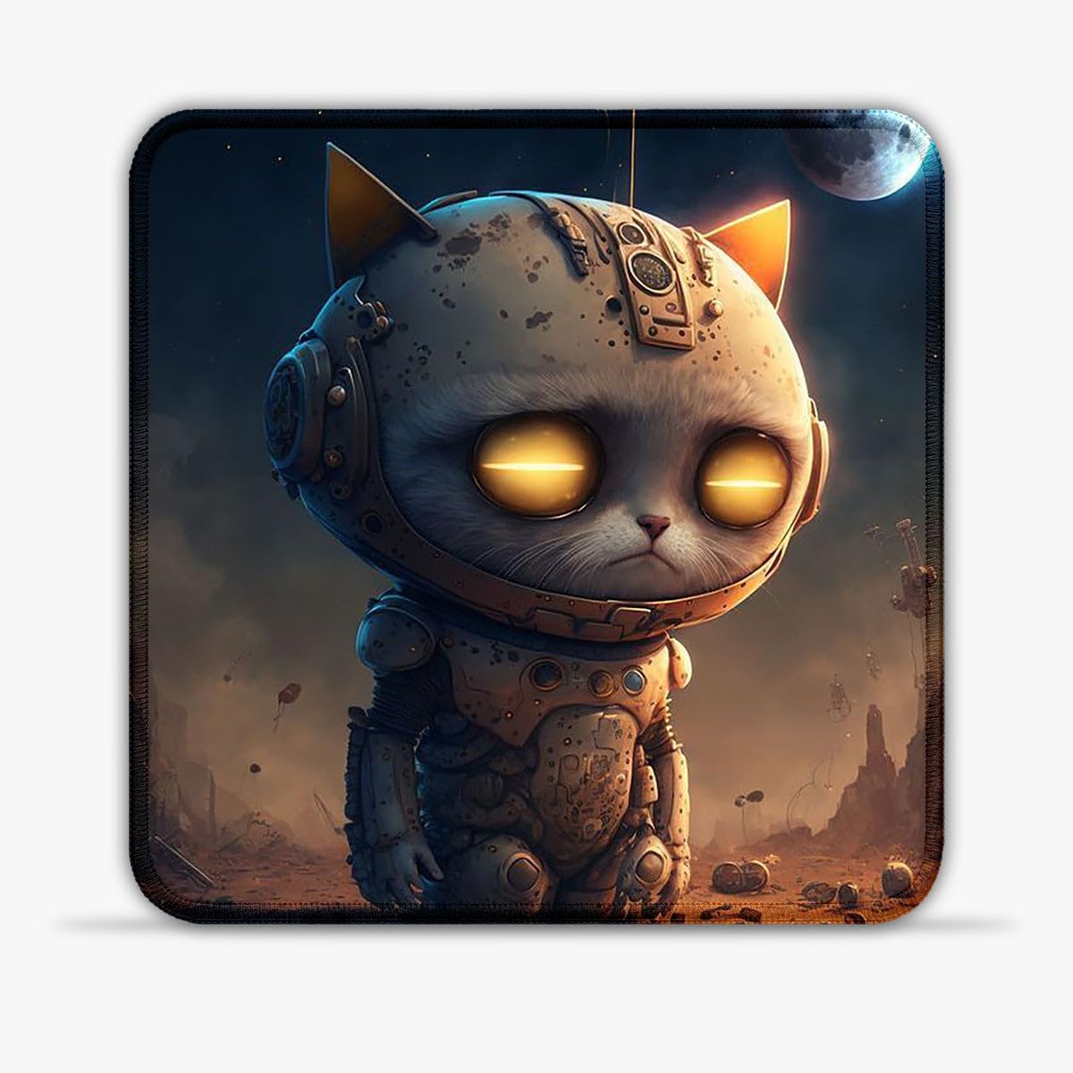LJSPTU Alfombrilla de ratón con diseño de gato mecánico espacial, 30 x 30 cm, alfombrilla de escritorio resistente, superficie de baja fricción, parte inferior antideslizante para velocidad y control