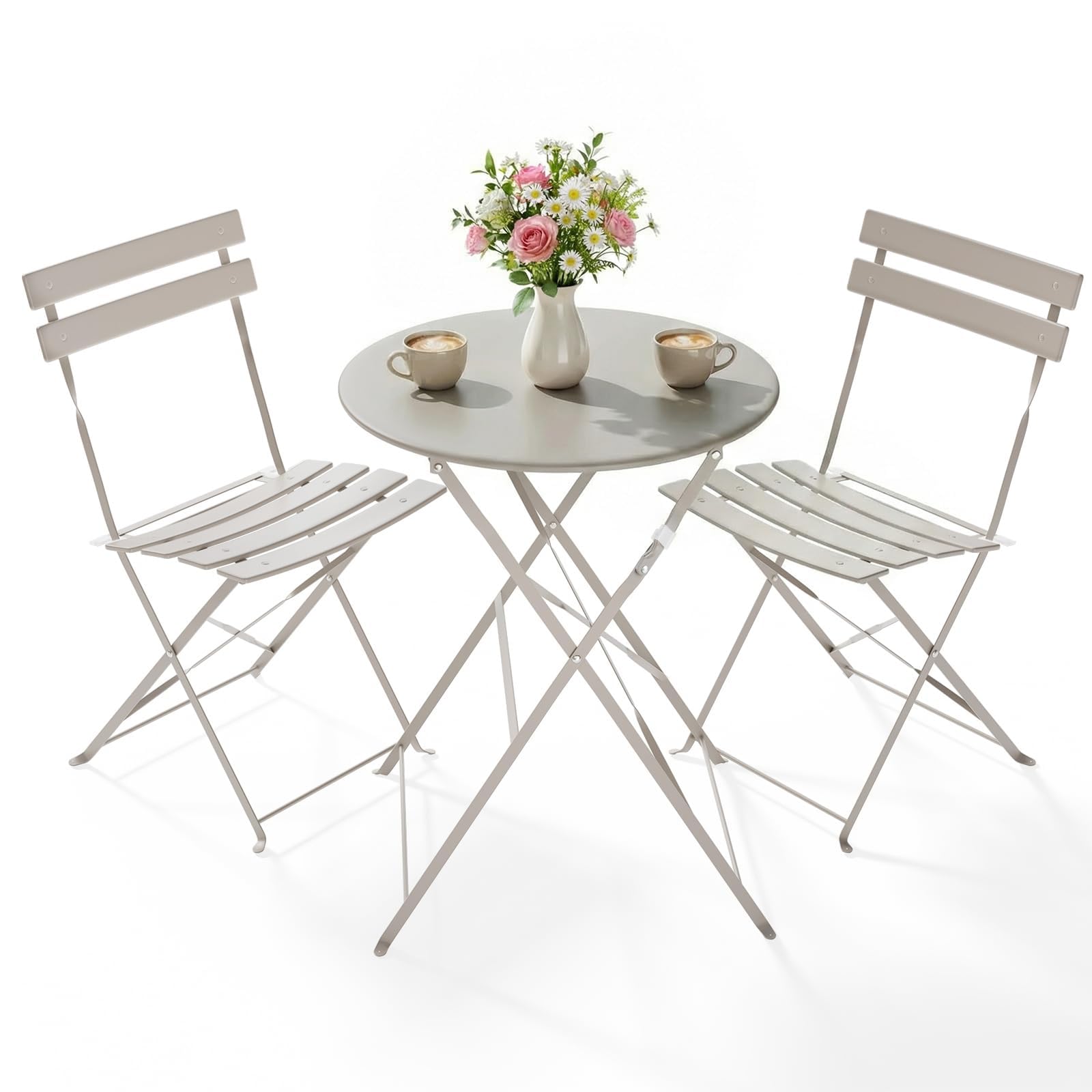 Clevich 3-Piece Folding Patio Bistro Set for Outdoor, Lightweight Rustproof Metal Table & 2 Chairs, Balcony Garden Furniture, 3 Colours Available (taupe) — image 1