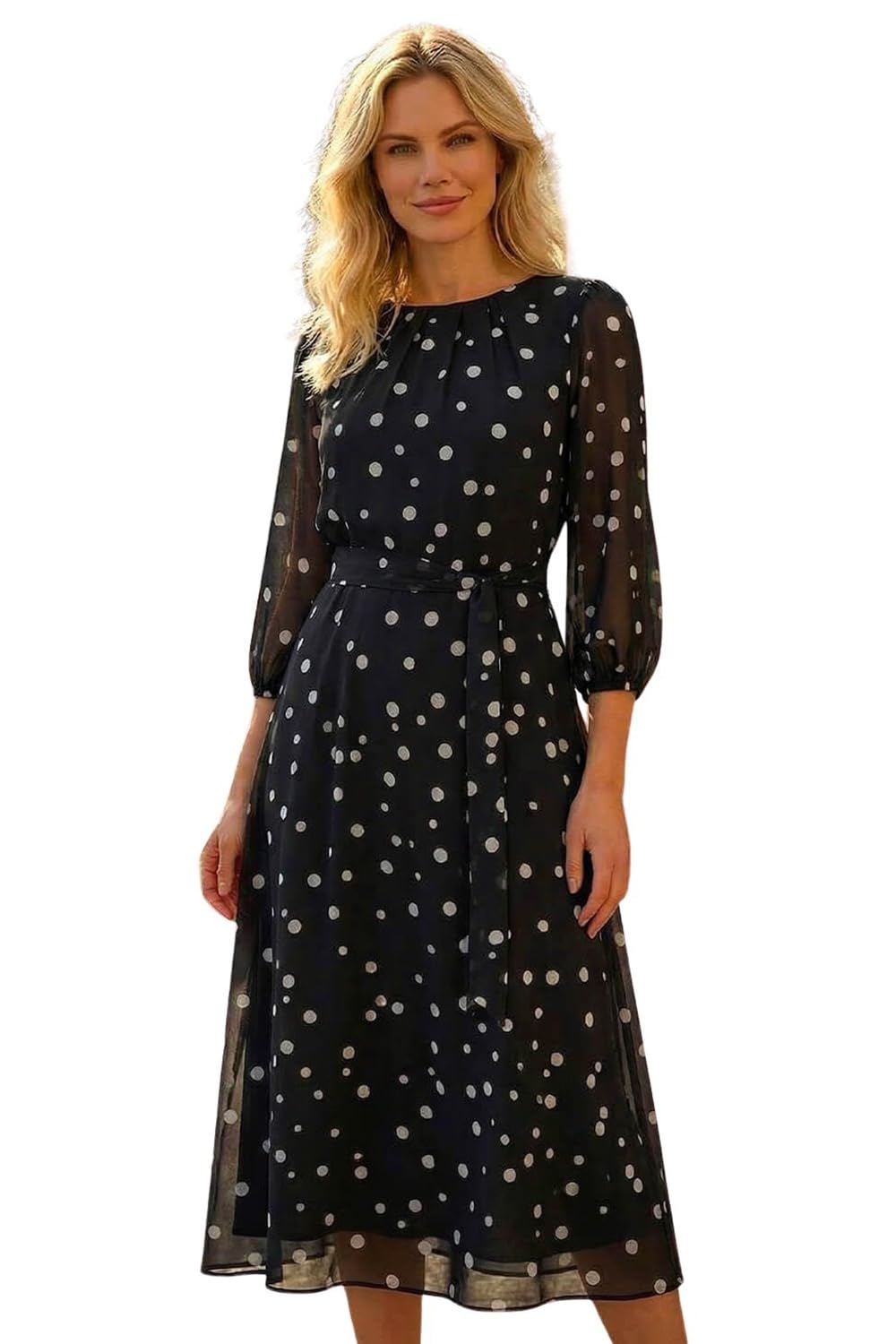 Roman Spot Print Chiffon Pleated Midi Dress for Women UK Ladies Spring Everyday Summer Holiday Round Neckline Comfy 3/4 Sleeve Soft Fit & Flare Frock Dinner Date - Spot Noir - Size 18